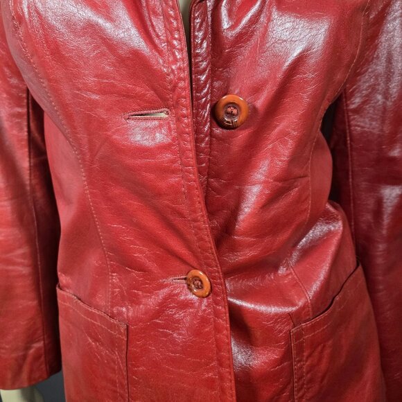 Vintage 90s Red Leather Jacket Blazer Dagger Collar Fitted Womens Size XS - Picture 3 of 9